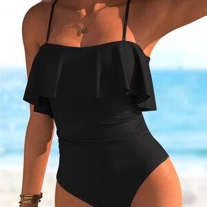 Black Ruffled One-Piece Swimsuit